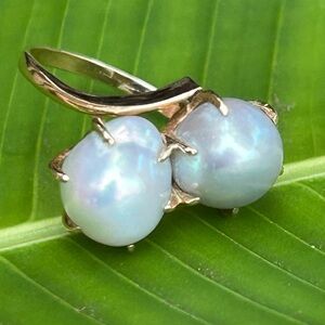 Vintage 14K those gold double 9-10 mm gray baroque pearls ring size 7 not scrap